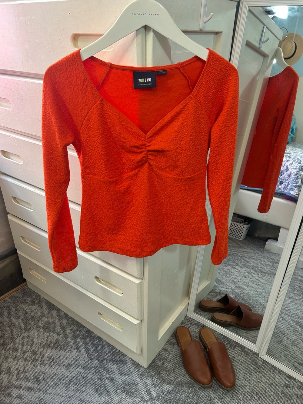 Anthropologie Maeve Tomato Red Orange Textured Sweetheart Scrunch Long Sleeve✨